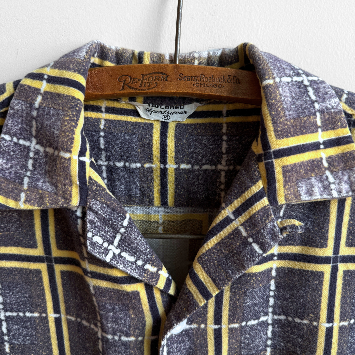 1950s Grey & Yellow Atomic Plaid Print Shirt