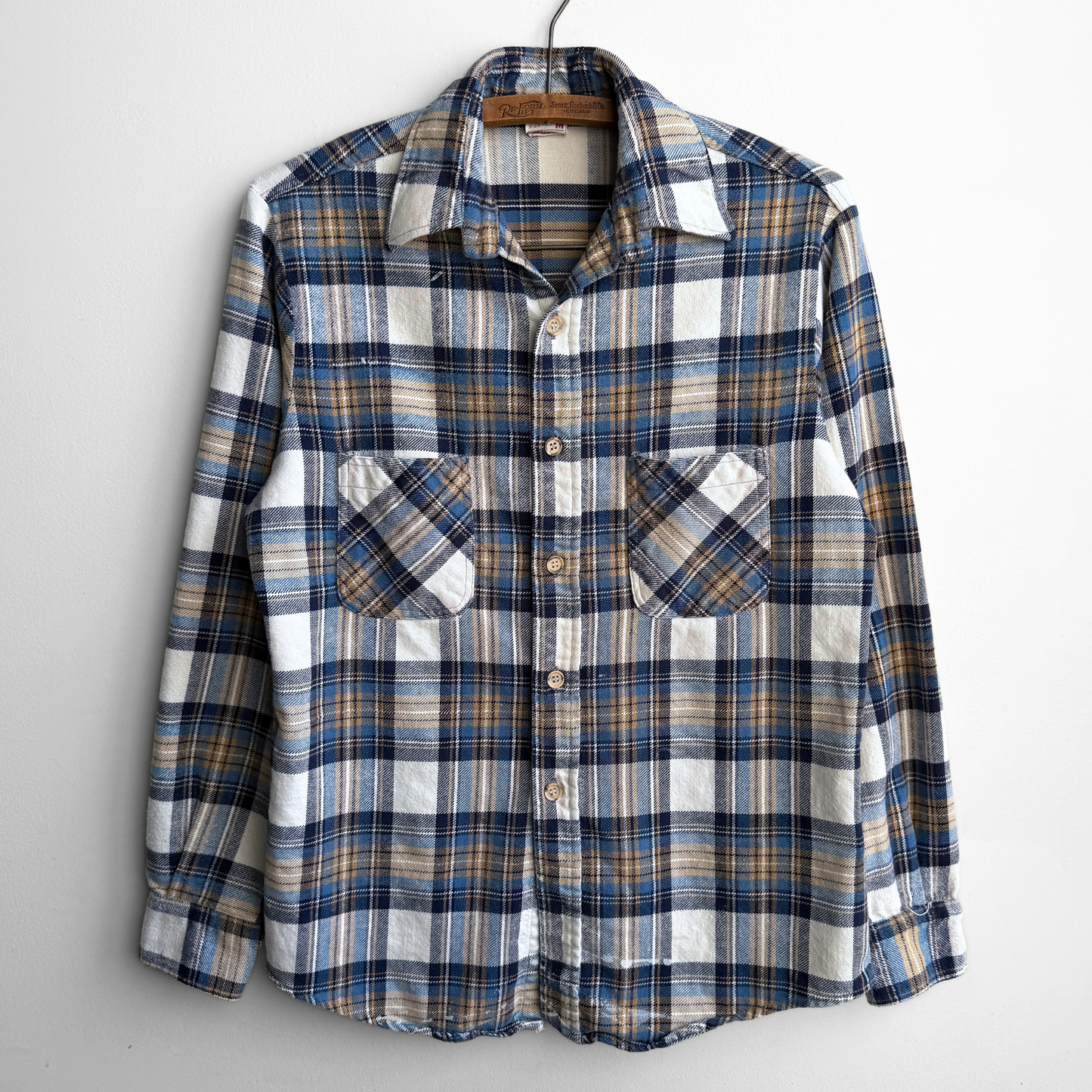 1970s Blue & White Cotton Plaid Flannel Shirt