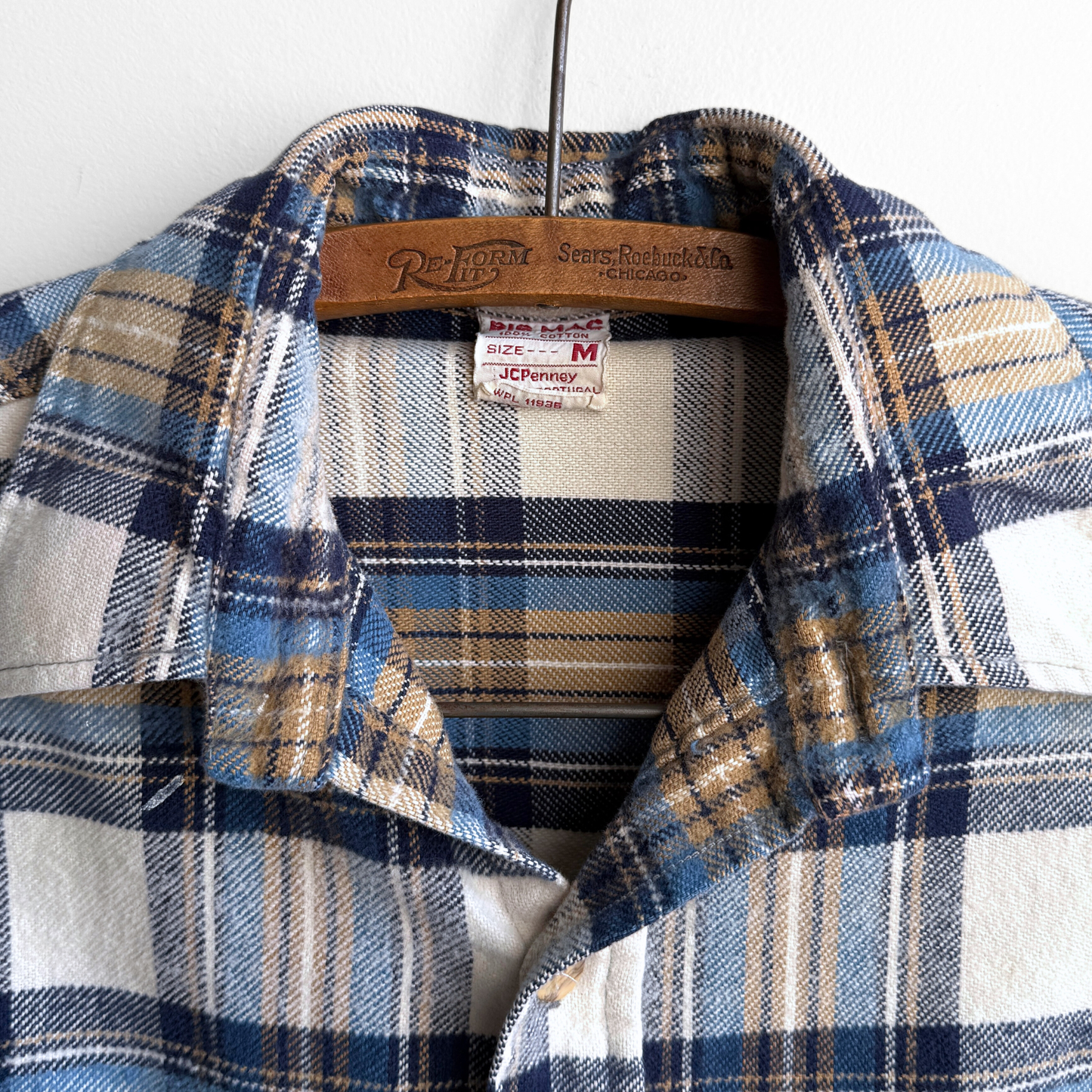 1970s Blue & White Cotton Plaid Flannel Shirt