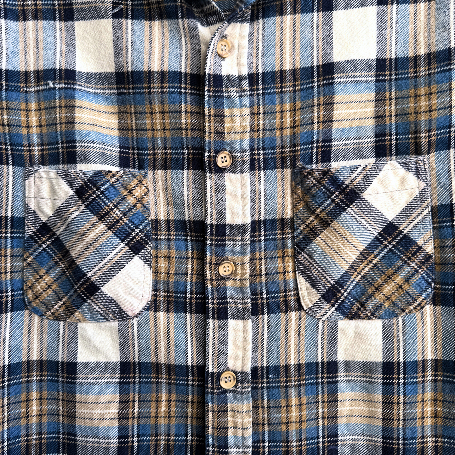 1970s Blue & White Cotton Plaid Flannel Shirt