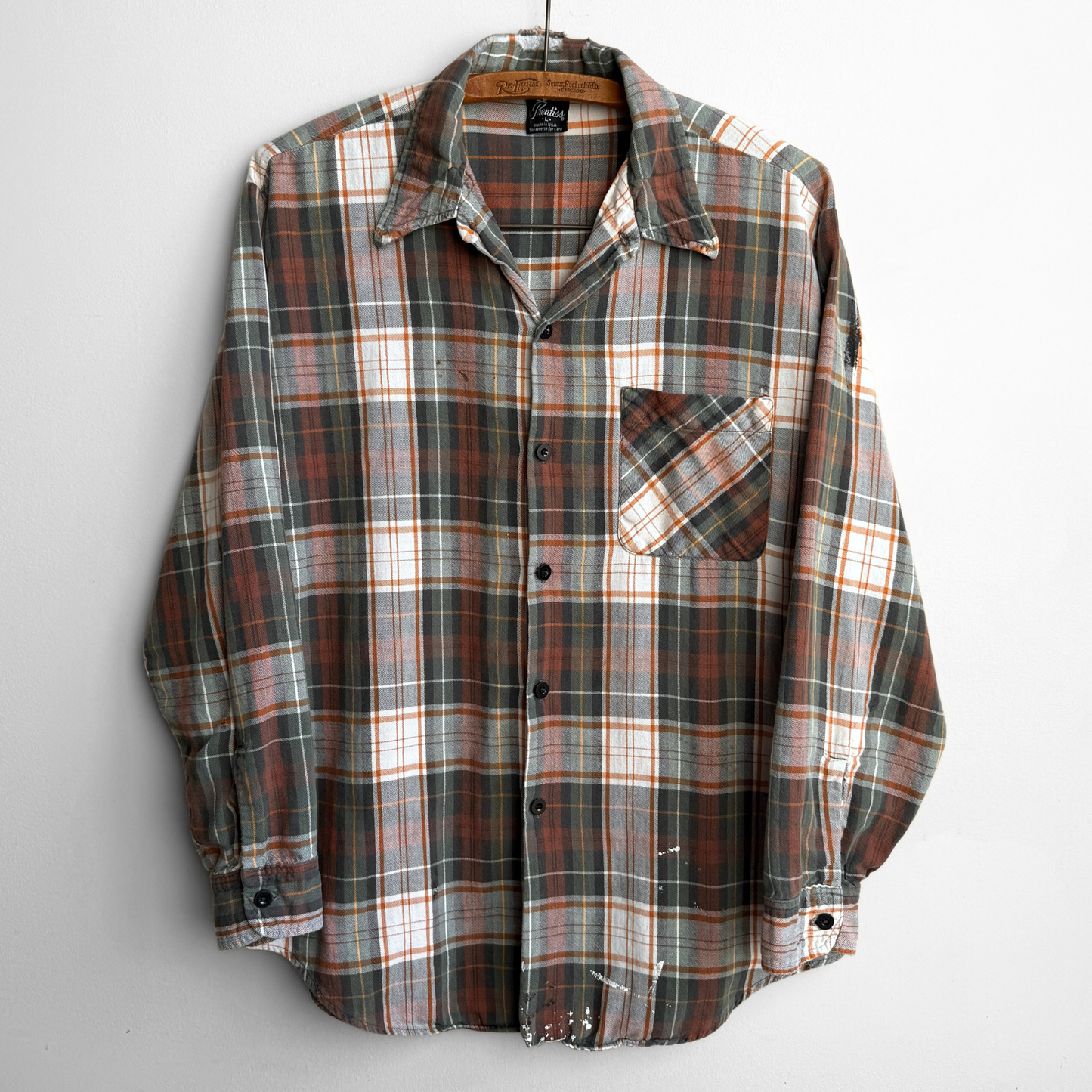 1980s Green & Orange Distressed Plaid Flannel Shirt