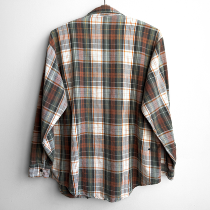 1980s Green & Orange Distressed Plaid Flannel Shirt