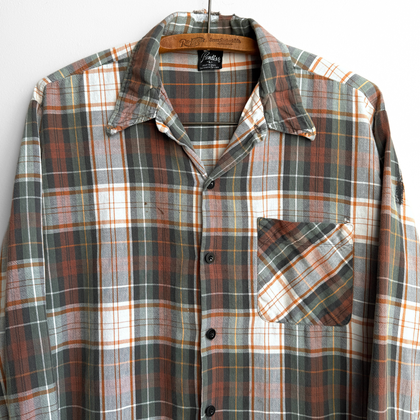 1980s Green & Orange Distressed Plaid Flannel Shirt