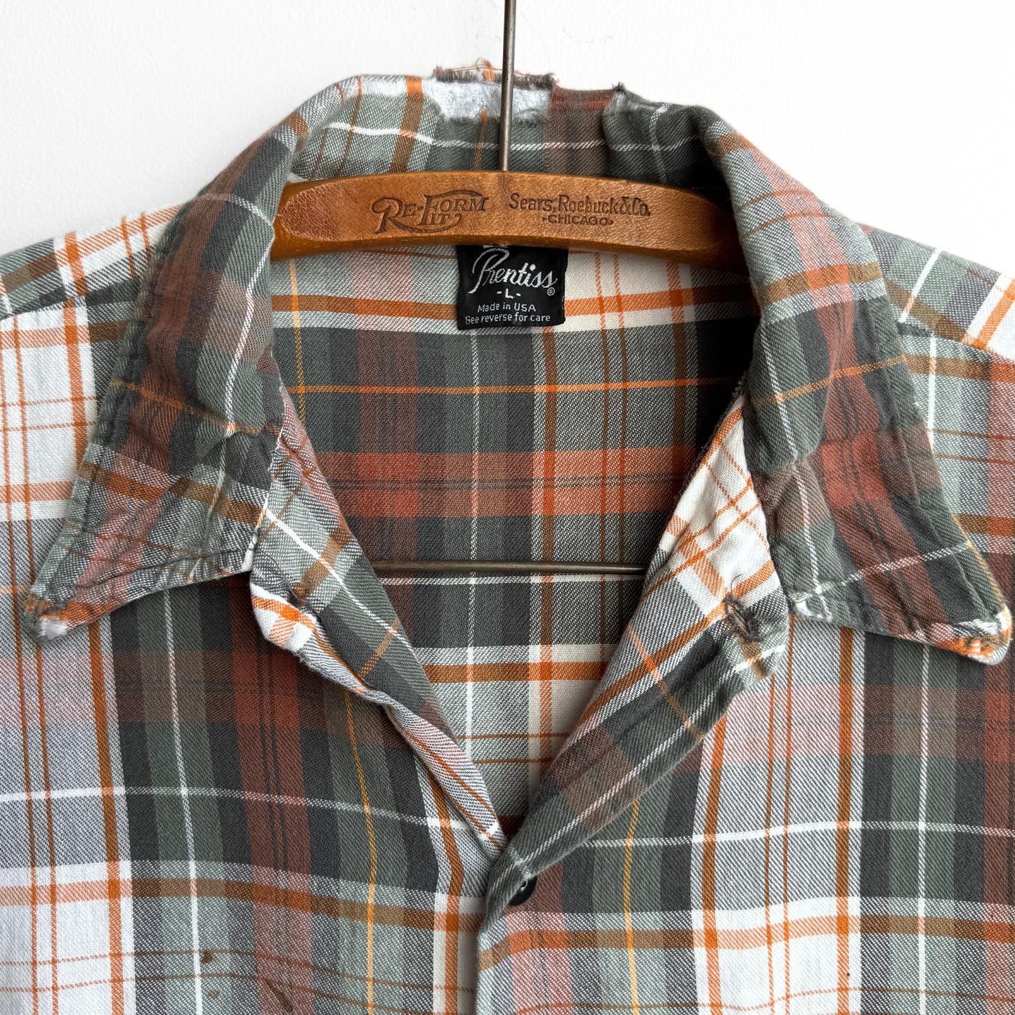 1980s Green & Orange Distressed Plaid Flannel Shirt