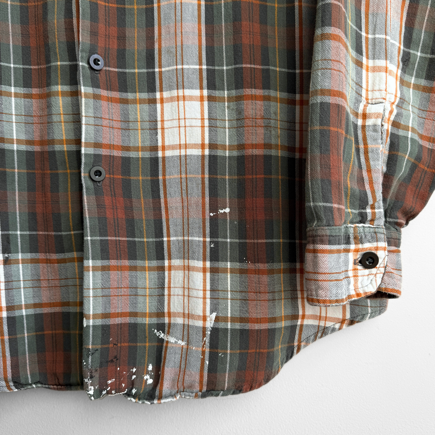 1980s Green & Orange Distressed Plaid Flannel Shirt