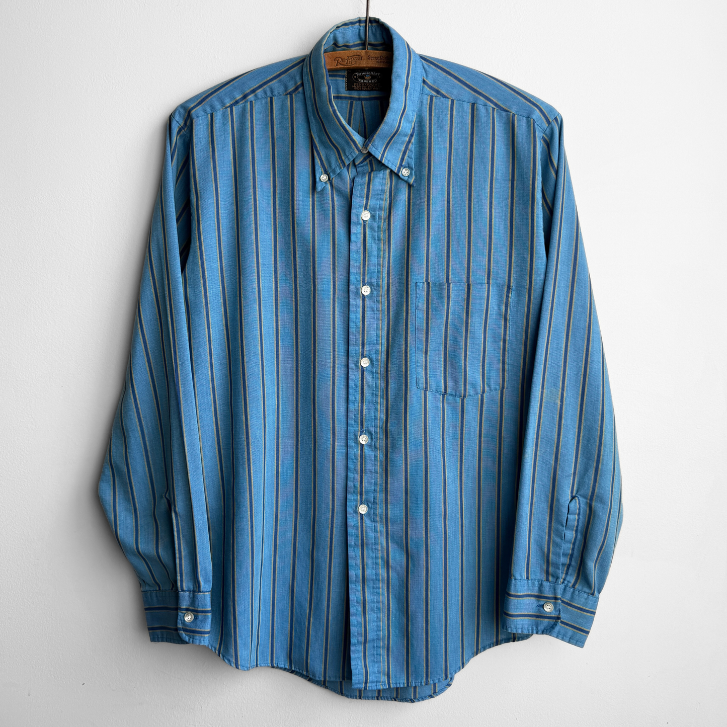 1960s Blue & Green Striped Button Down Dress Shirt