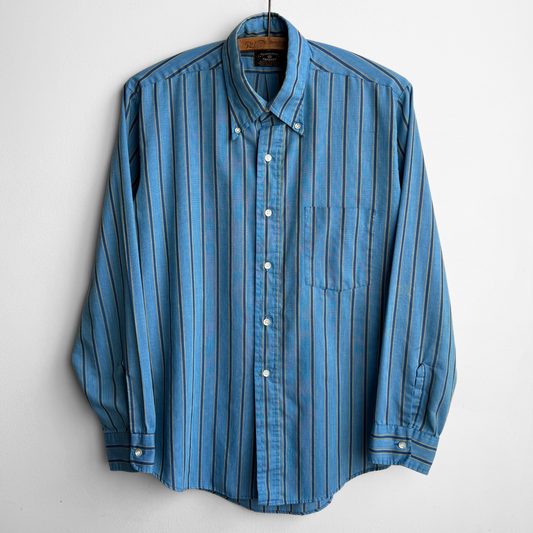 1960s Blue & Green Striped Button Down Dress Shirt