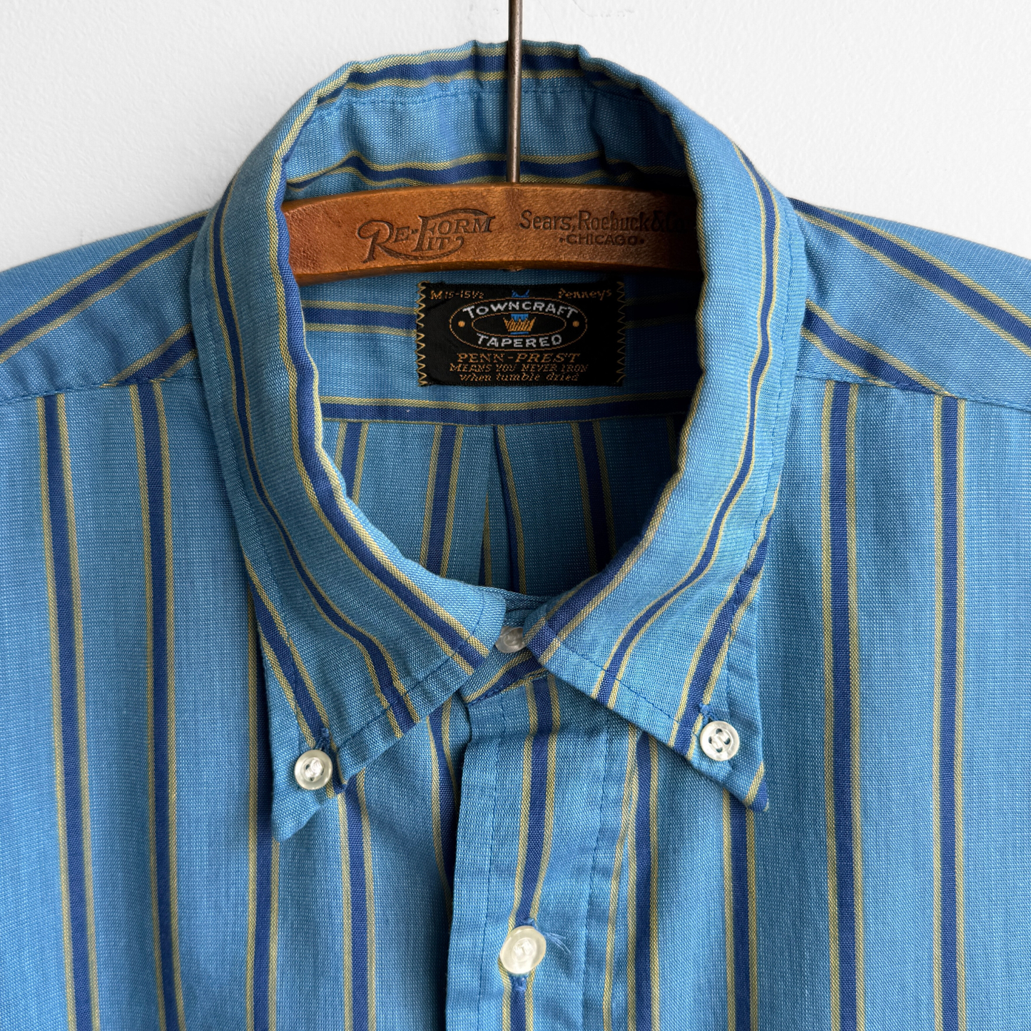 1960s Blue & Green Striped Button Down Dress Shirt