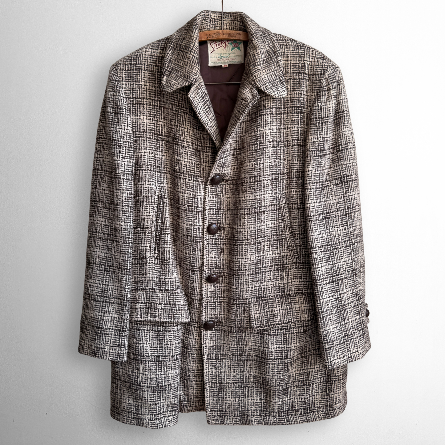 1950s Brown Tweed Check Quilted Car Coat