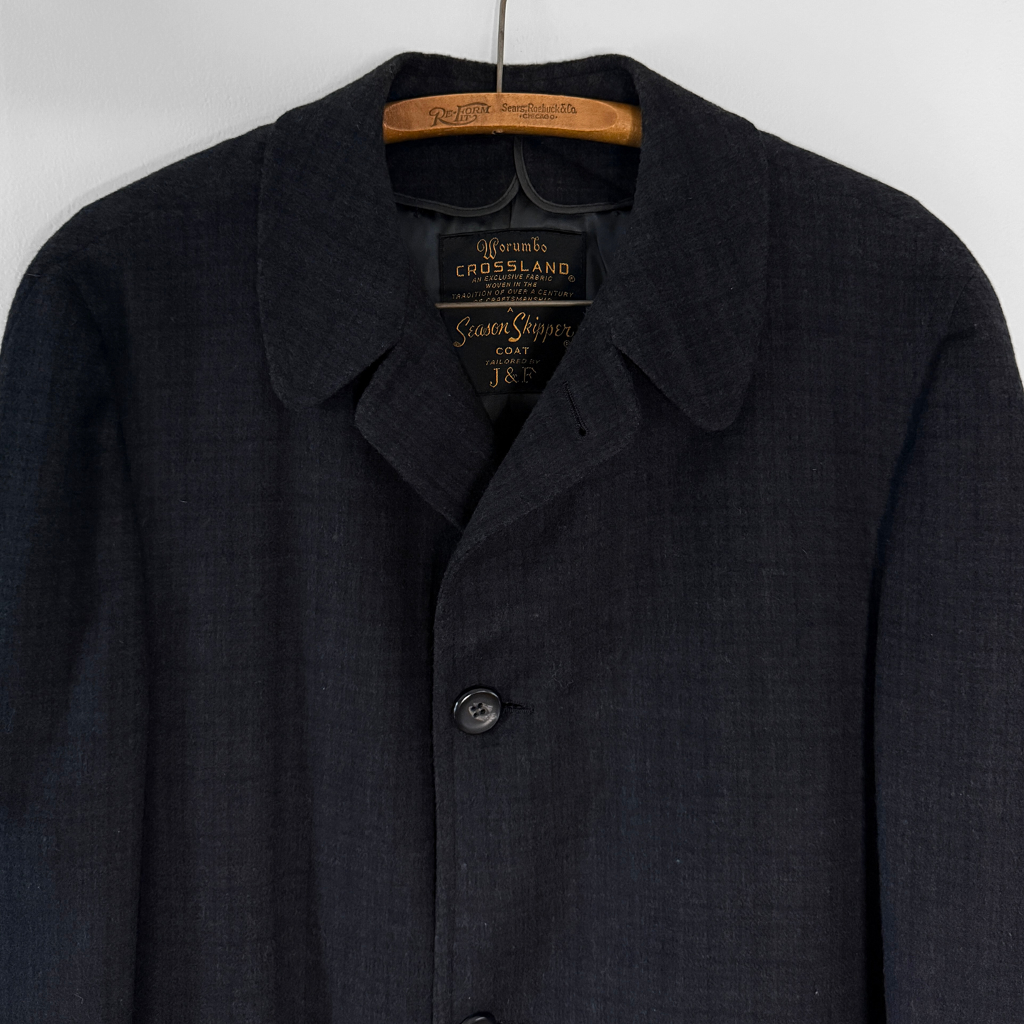 1950s Navy Blue Check Wool Overcoat