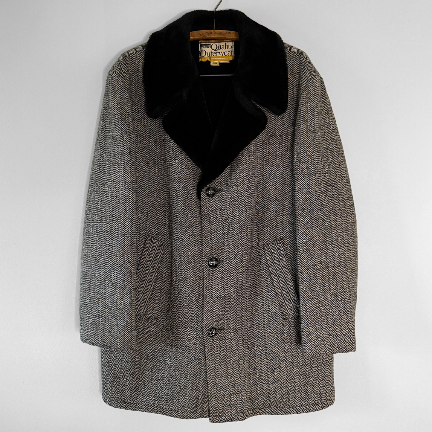 1970s Black & White Herringbone Shearling Coat