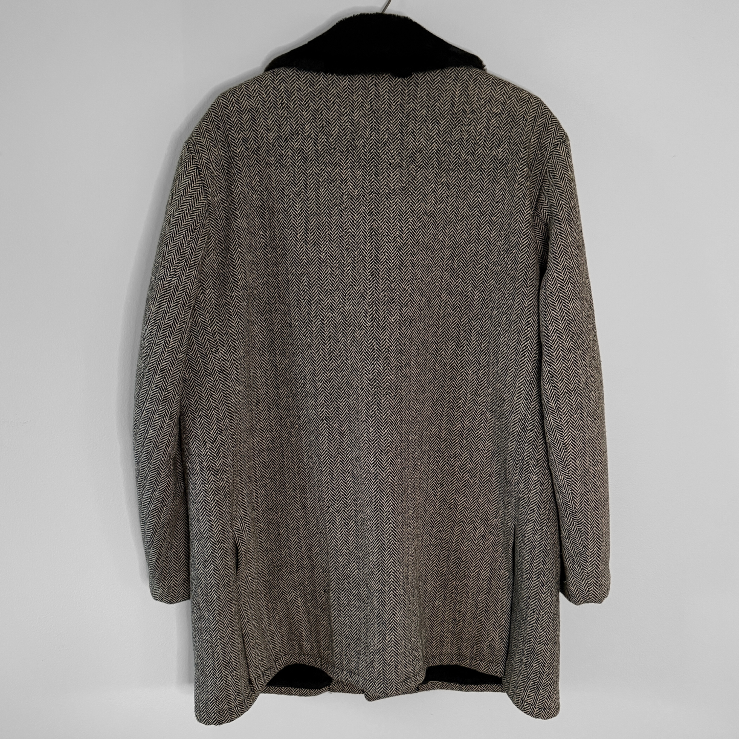 1970s Black & White Herringbone Shearling Coat