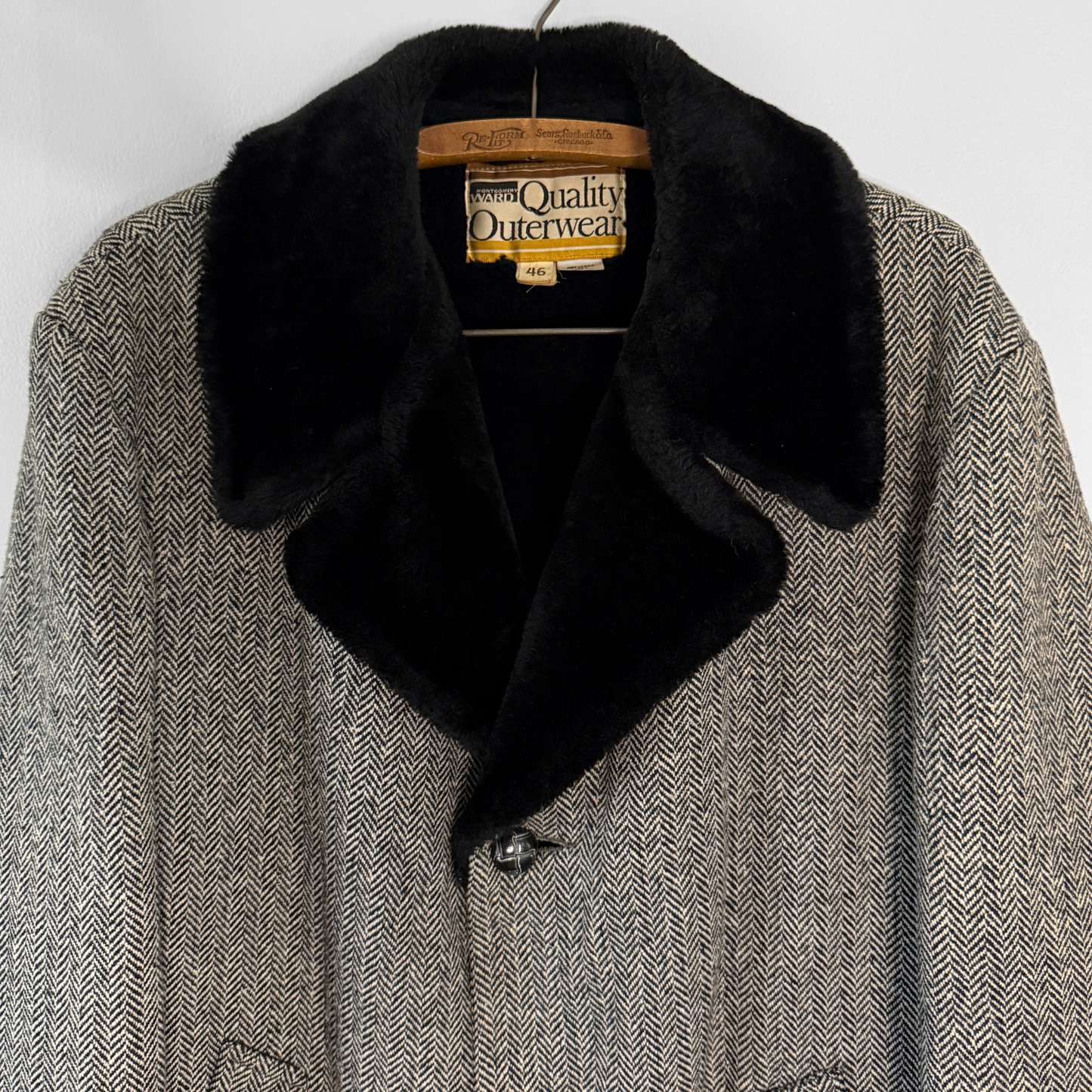 1970s Black & White Herringbone Shearling Coat