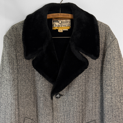 1970s Black & White Herringbone Shearling Coat