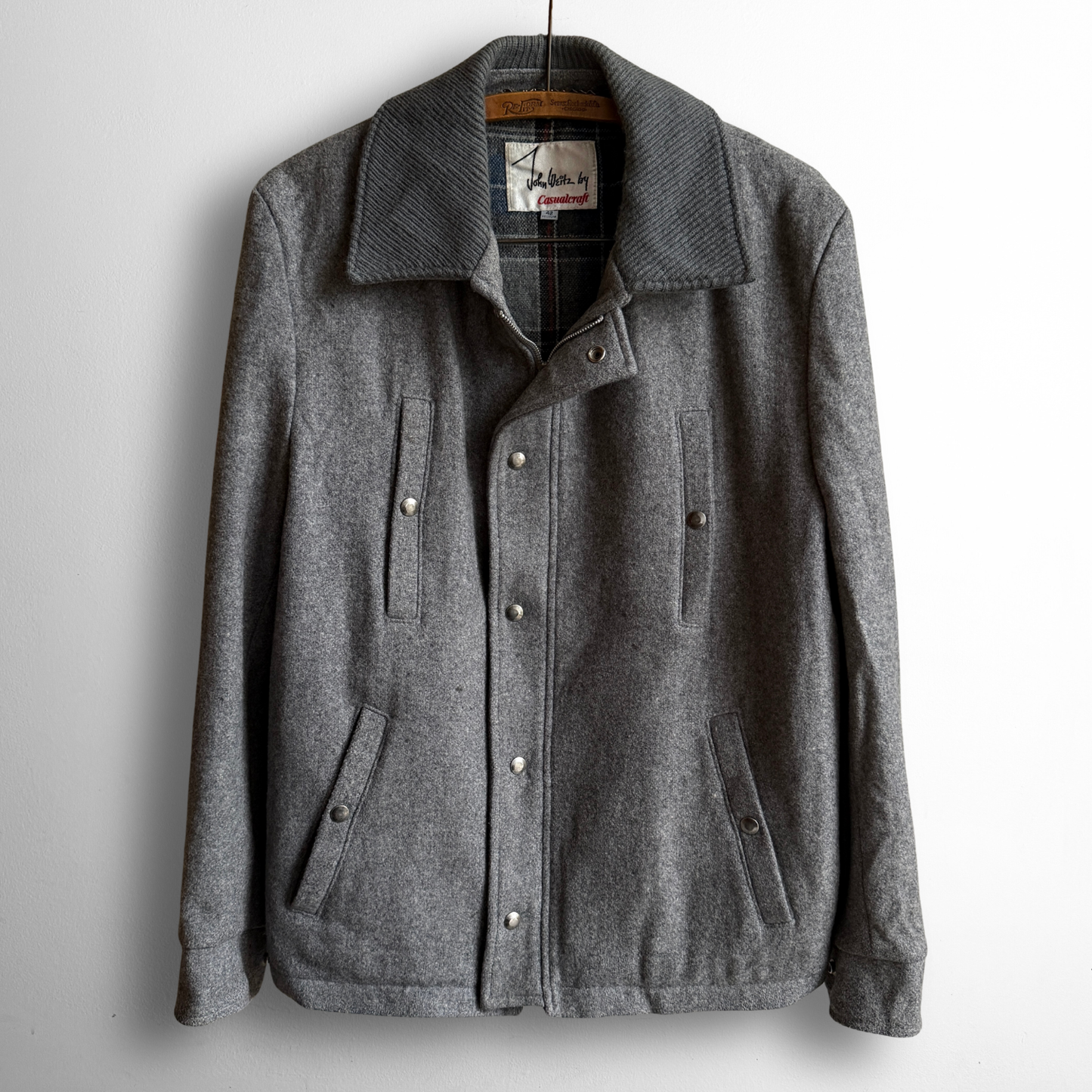 1970s Dark Grey Plaid Lined Wool Jacket