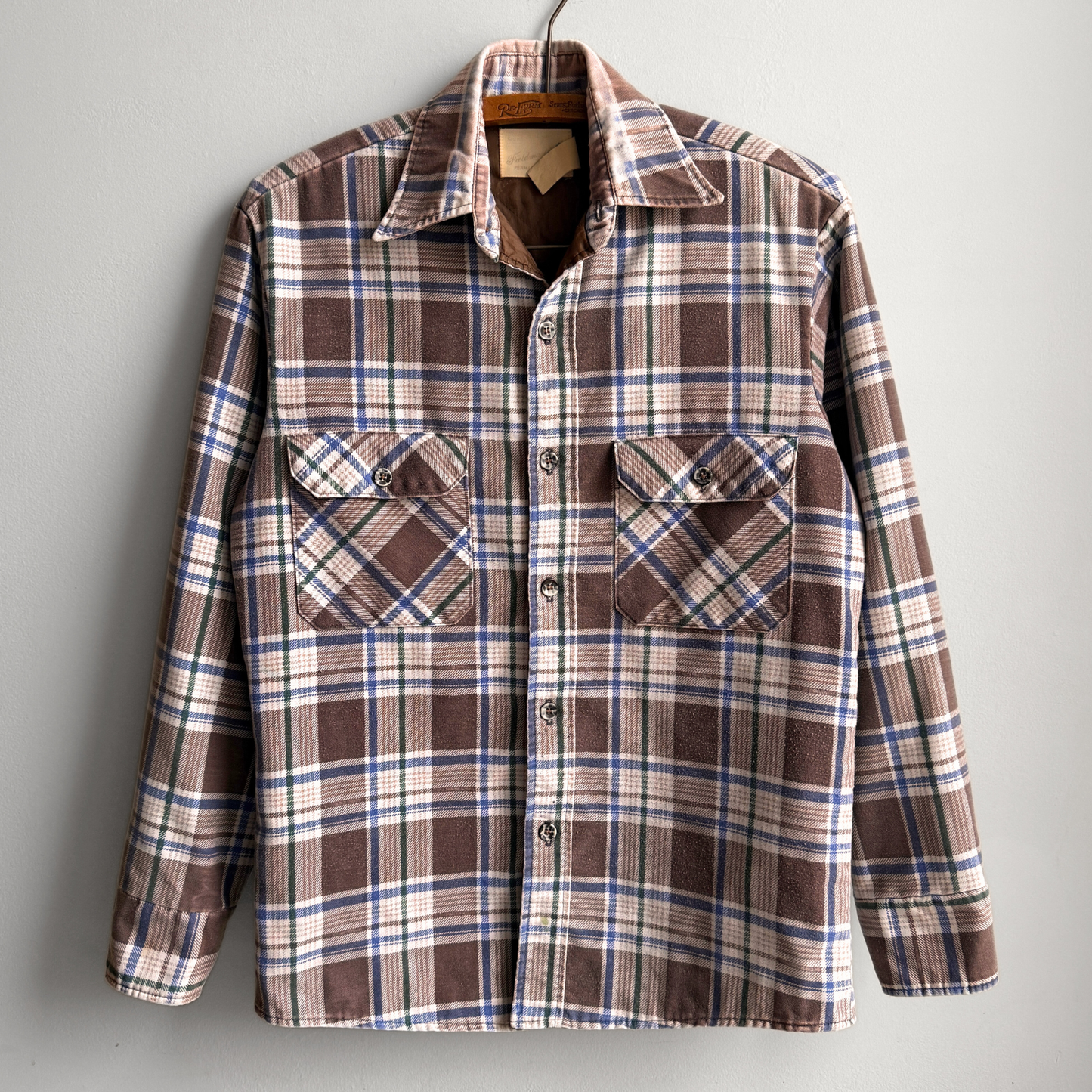 1970s Brown & White Quilted Plaid Flannel Shirt