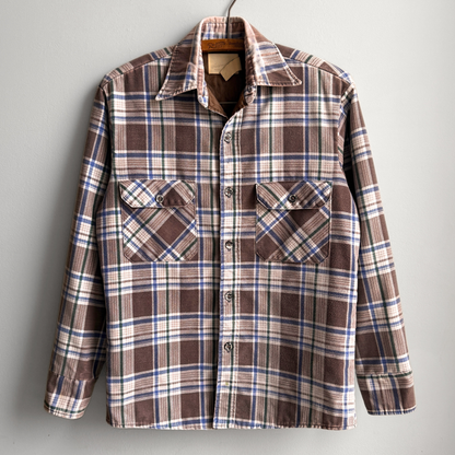 1970s Brown & White Quilted Plaid Flannel Shirt