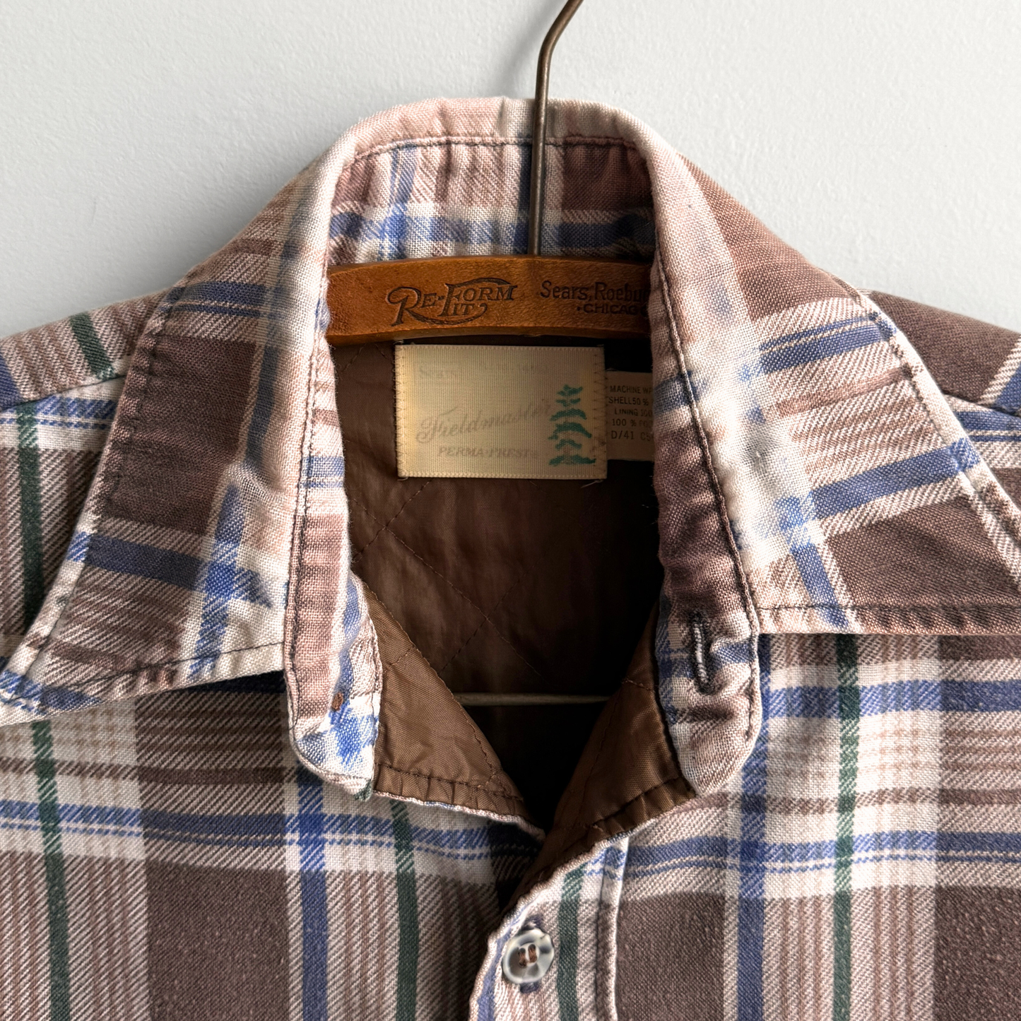 1970s Brown & White Quilted Plaid Flannel Shirt