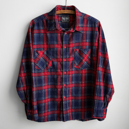 1970s Red & Navy Blue Plaid Flannel Shirt
