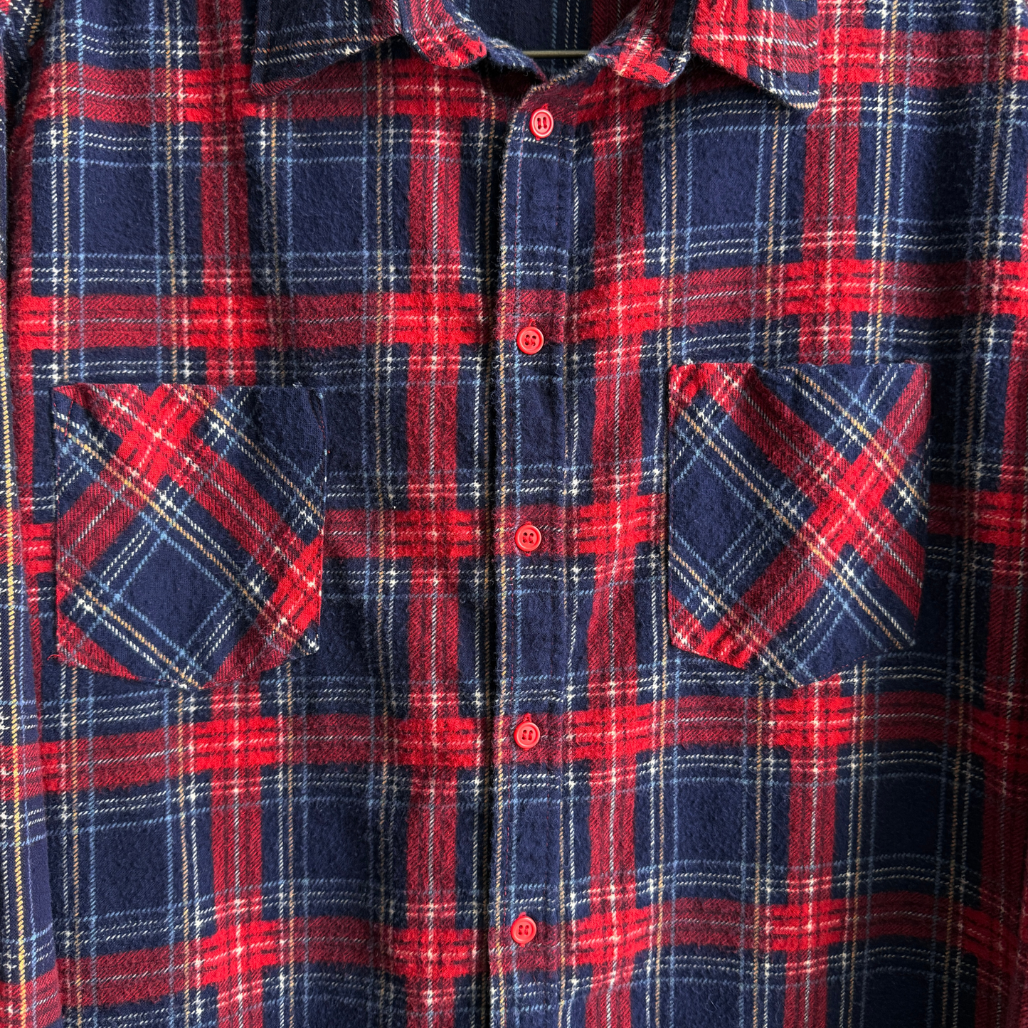 1970s Red & Navy Blue Plaid Flannel Shirt