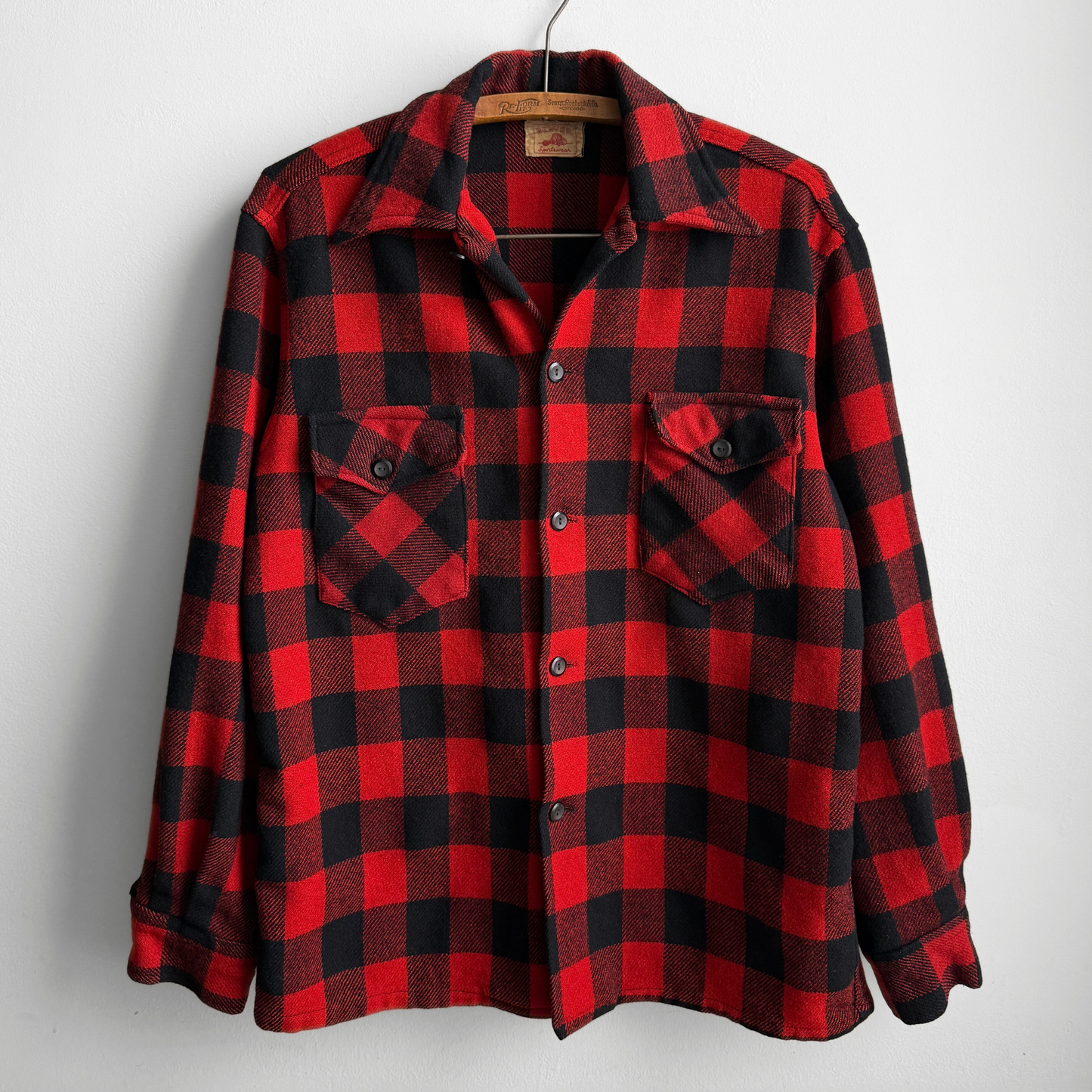 1960s Red & Black Buffalo Plaid Flannel Shirt