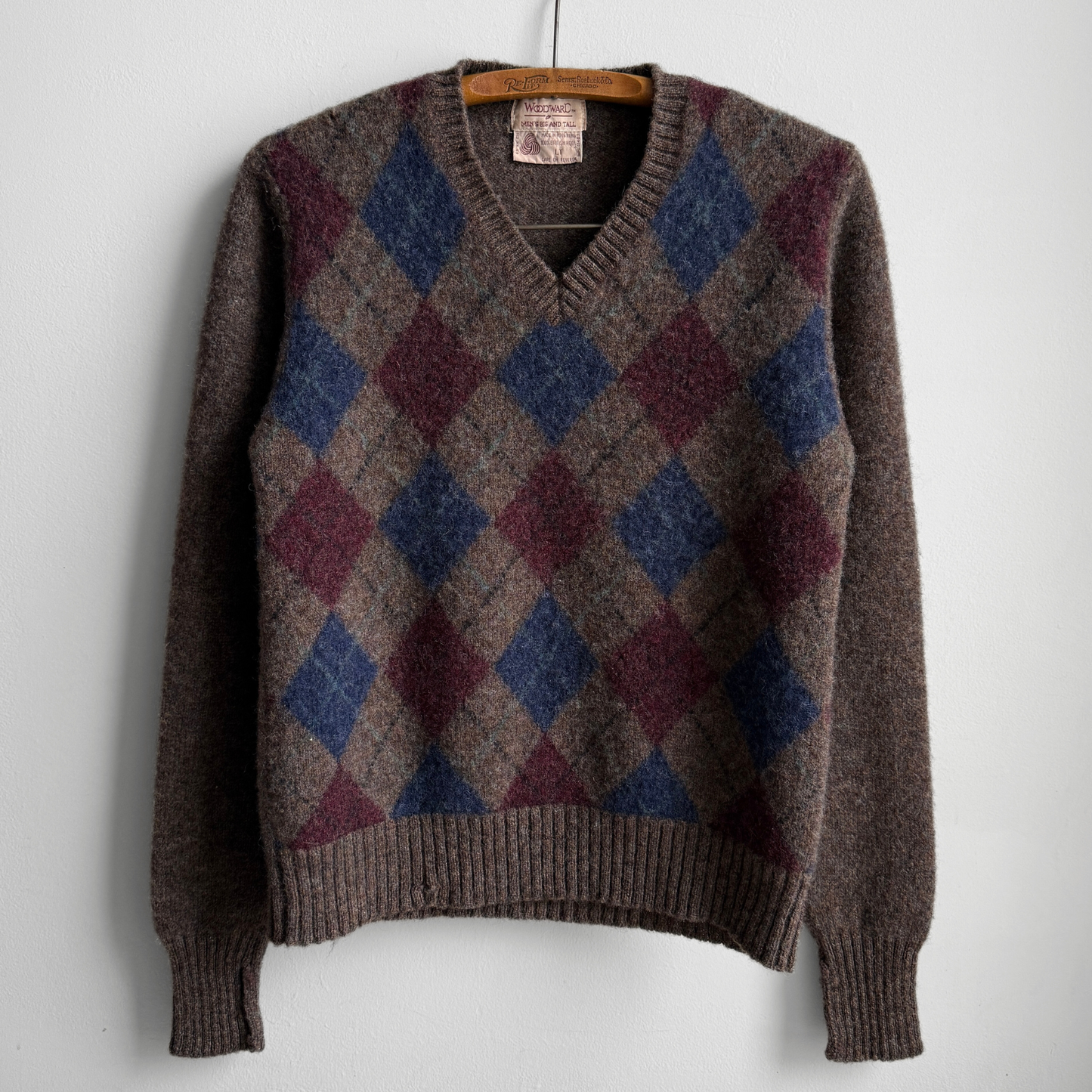 1970s Brown Argyle V-Neck Wool Sweater