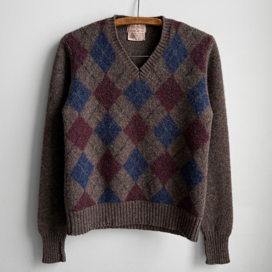 1970s Brown Argyle V-Neck Wool Sweater