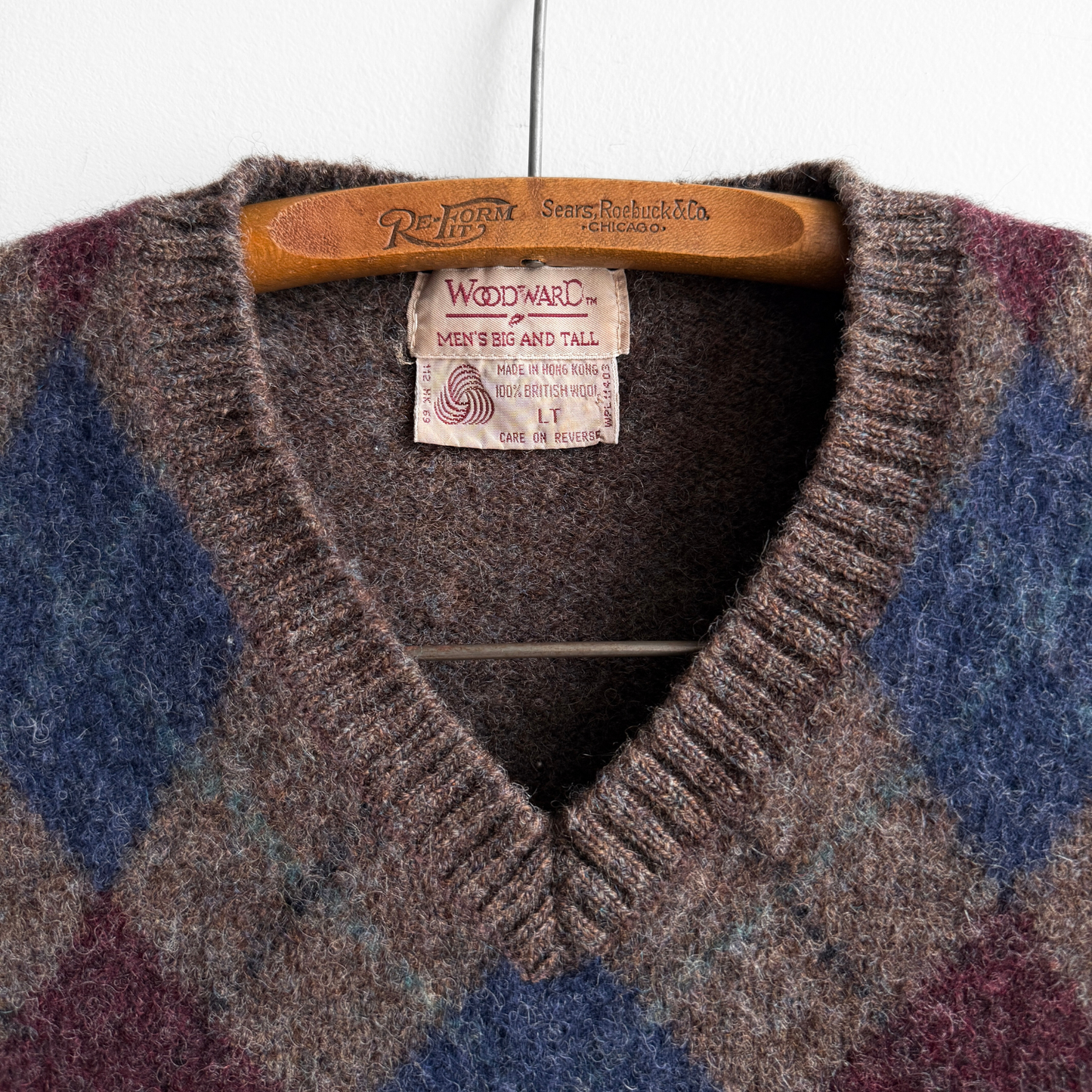 1970s Brown Argyle V-Neck Wool Sweater