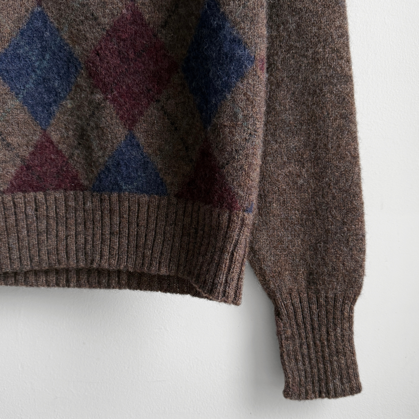 1970s Brown Argyle V-Neck Wool Sweater