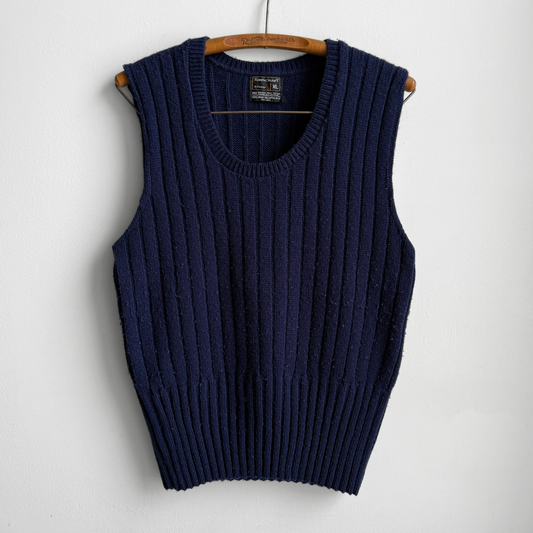 1970s Navy Blue Ribbed Knit Sweater Vest