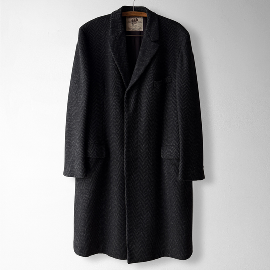 1950s Black Herringbone Wool Overcoat