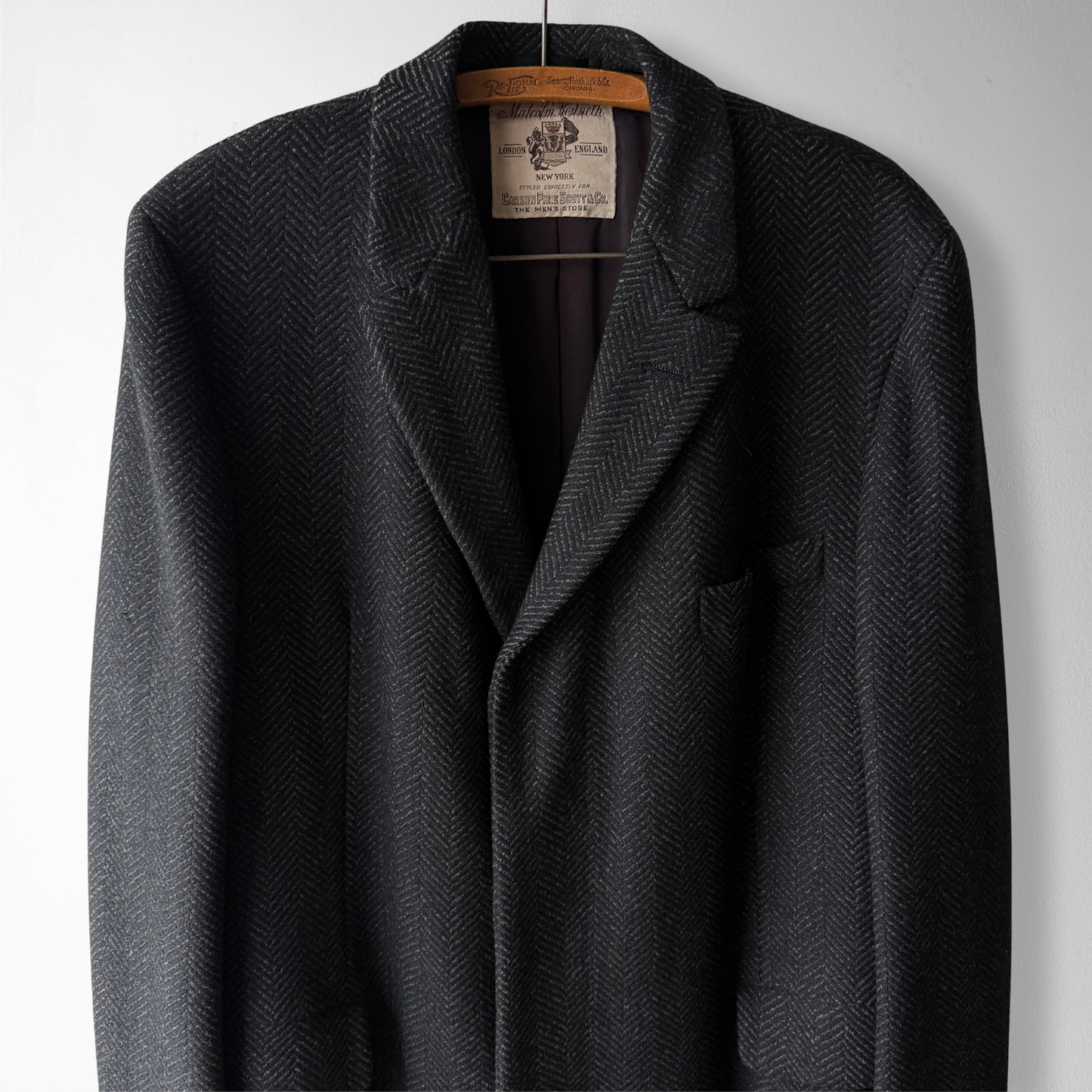 1950s Black Herringbone Wool Overcoat