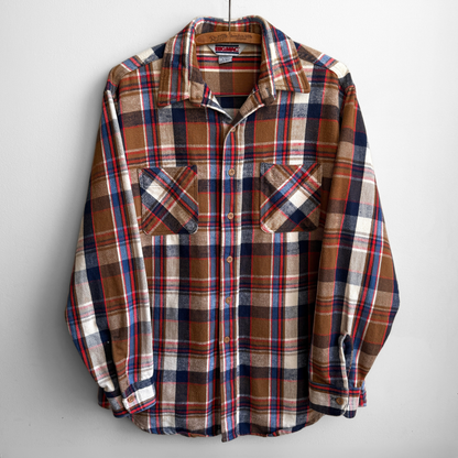 1980s Brown & Blue Woven Cotton Plaid Flannel Shirt