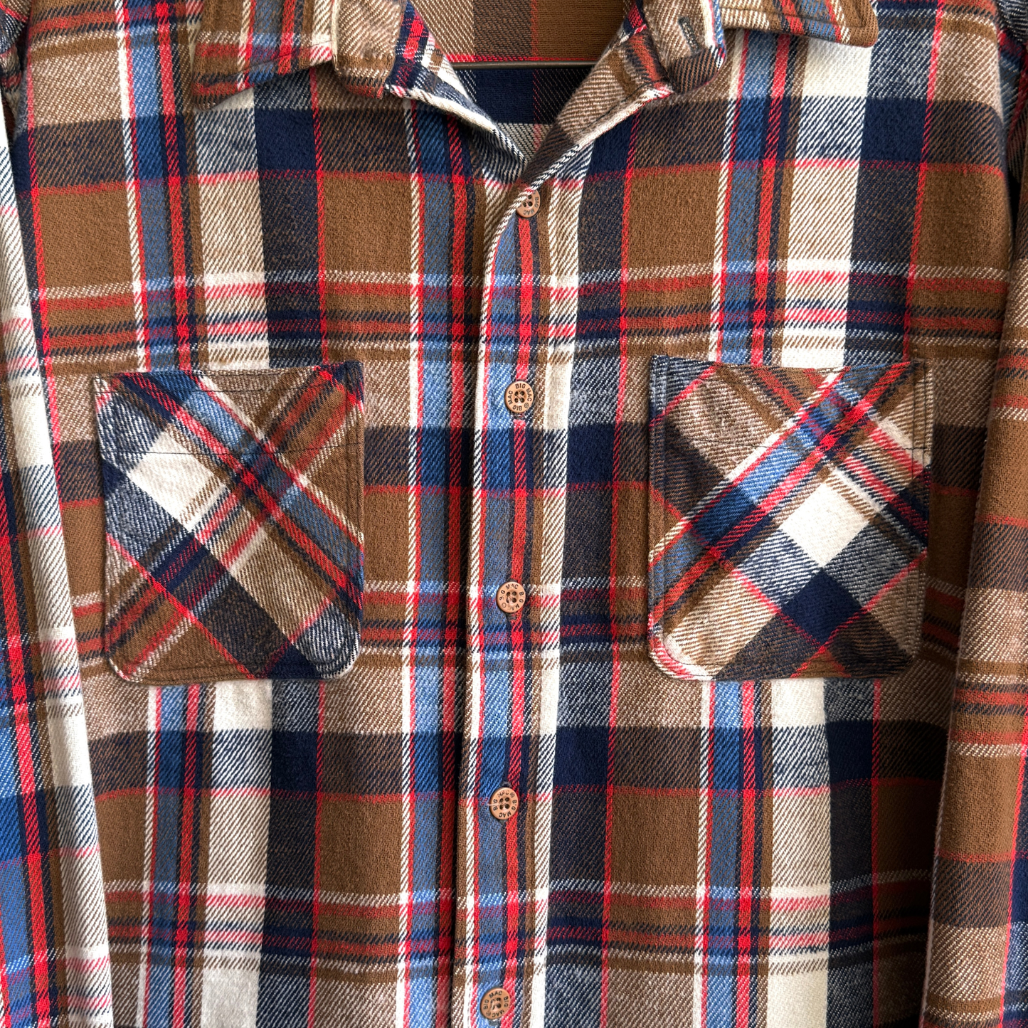 1980s Brown & Blue Woven Cotton Plaid Flannel Shirt