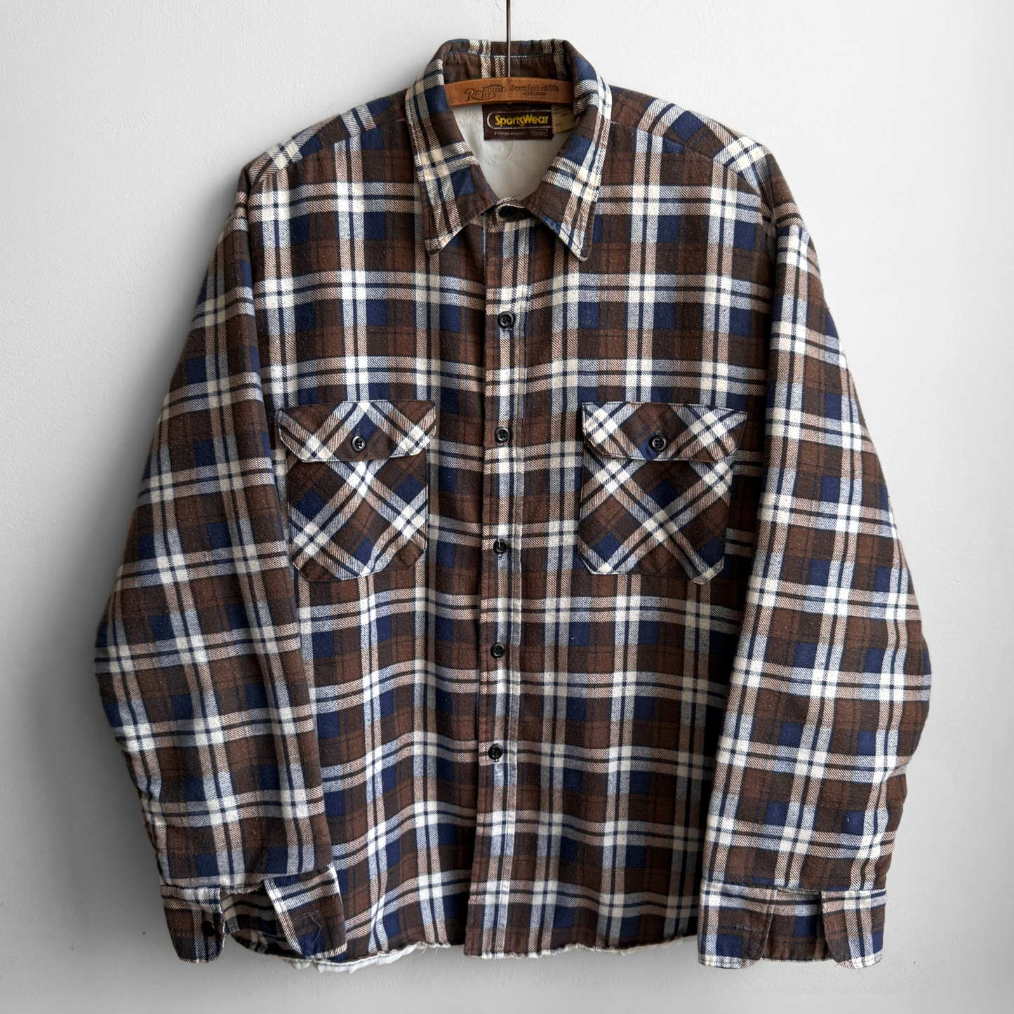 1970s Brown & Blue Quilted Plaid Flannel Shirt