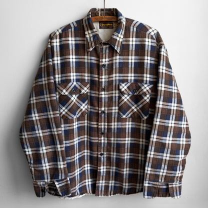 1970s Brown & Blue Quilted Plaid Flannel Shirt