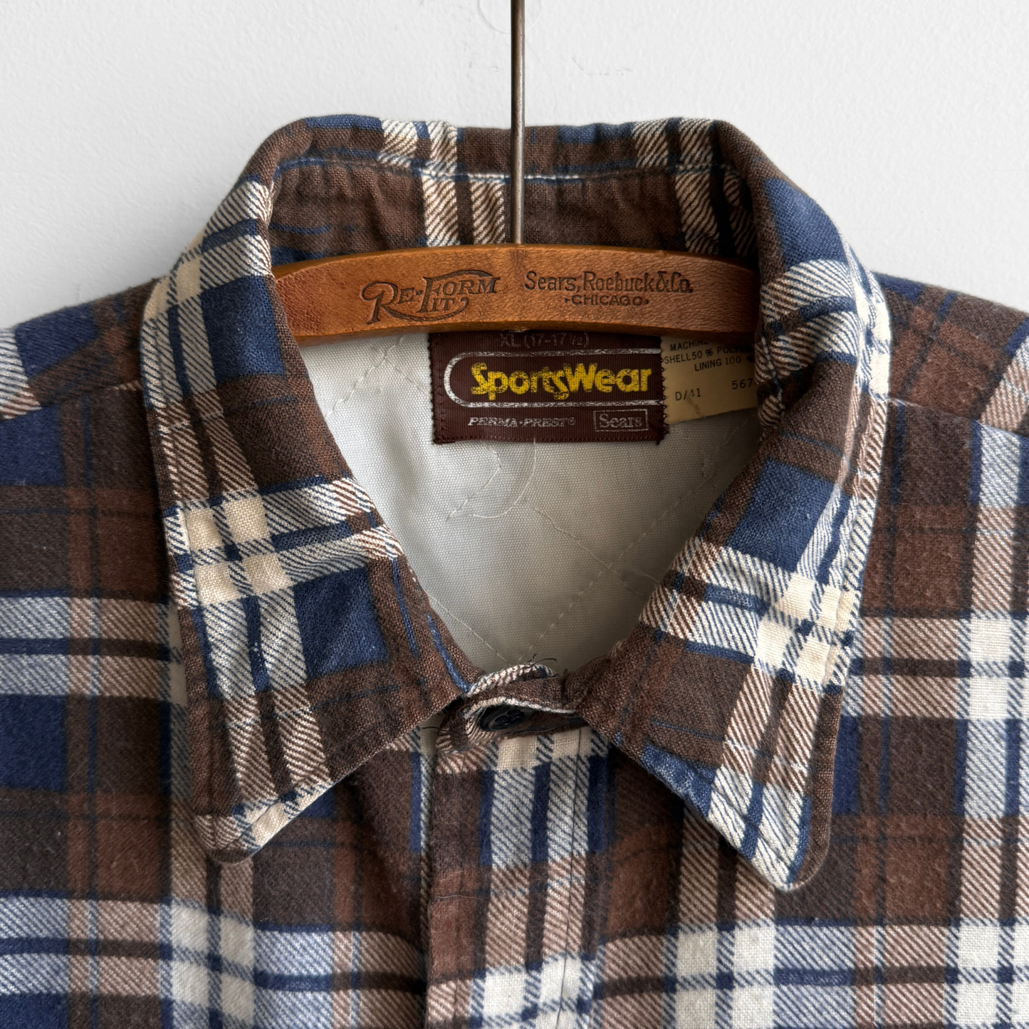 1970s Brown & Blue Quilted Plaid Flannel Shirt