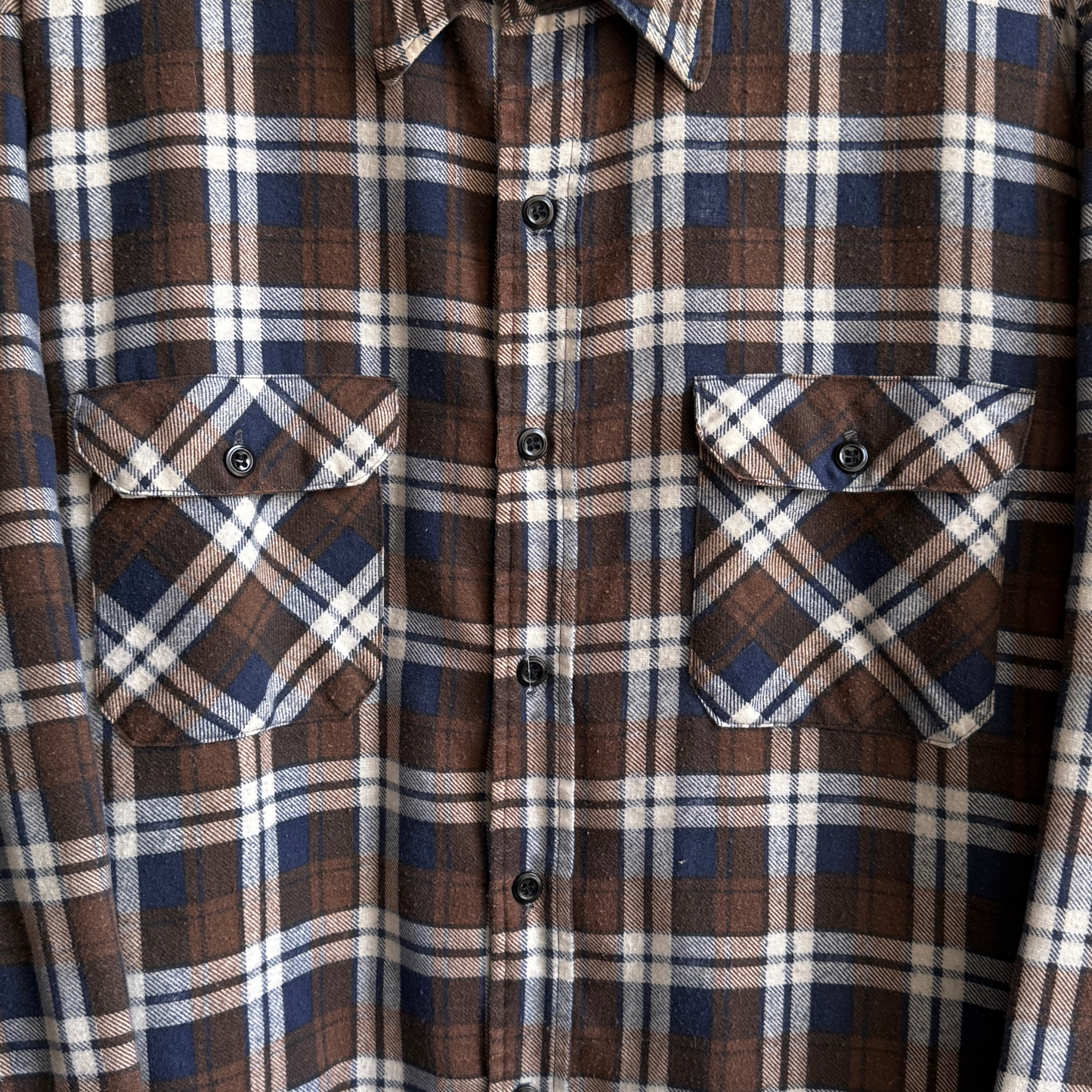 1970s Brown & Blue Quilted Plaid Flannel Shirt