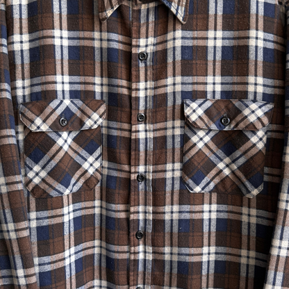 1970s Brown & Blue Quilted Plaid Flannel Shirt