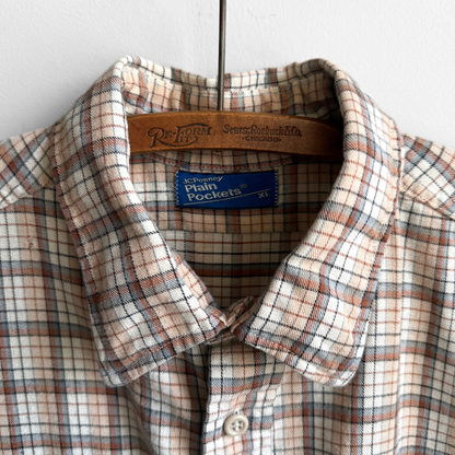 1980s Tan & Brown Cotton Plaid Flannel Western Shirt