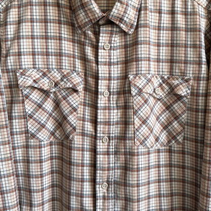 1980s Tan & Brown Cotton Plaid Flannel Western Shirt