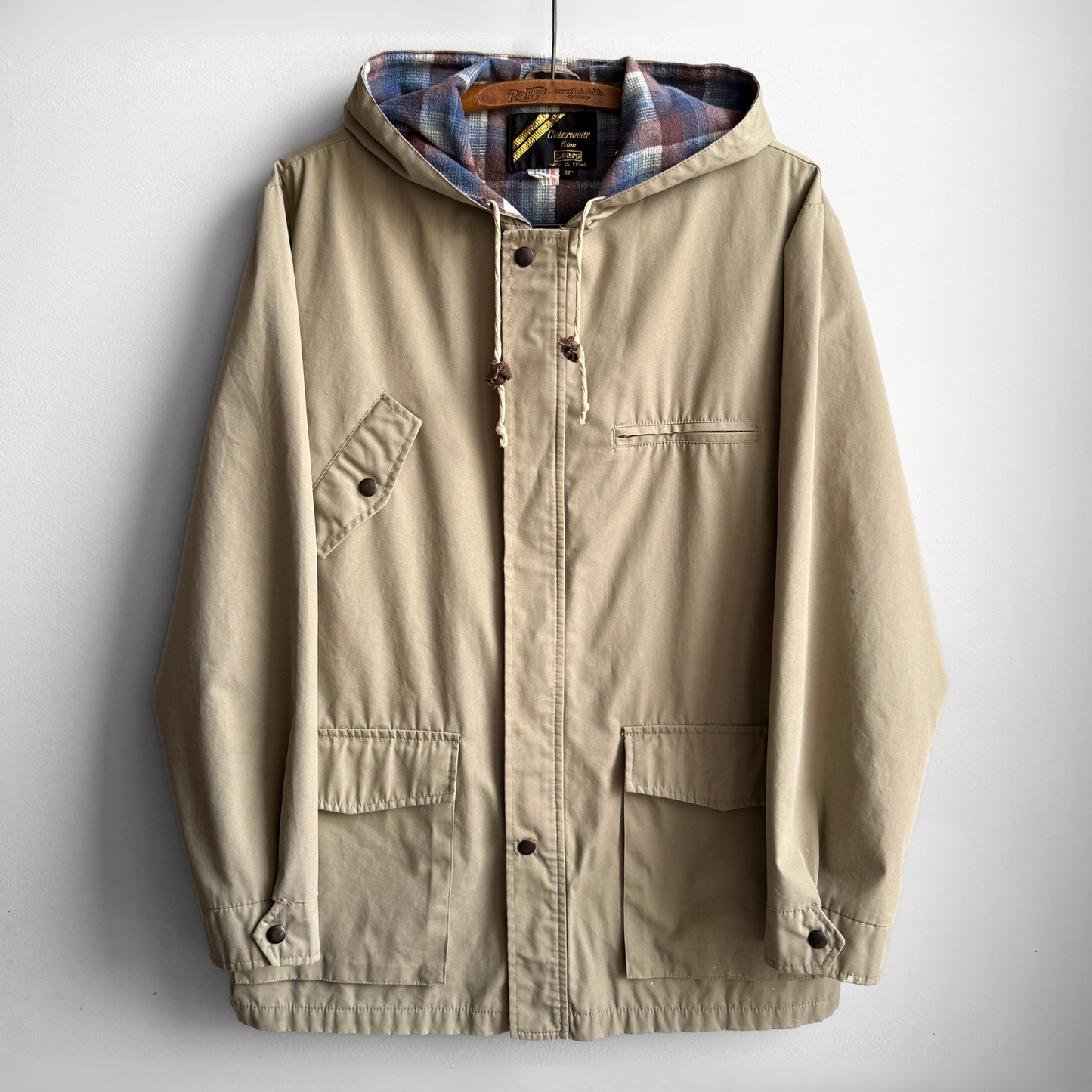 1970s Sears Beige Plaid Lined Hooded Light Jacket