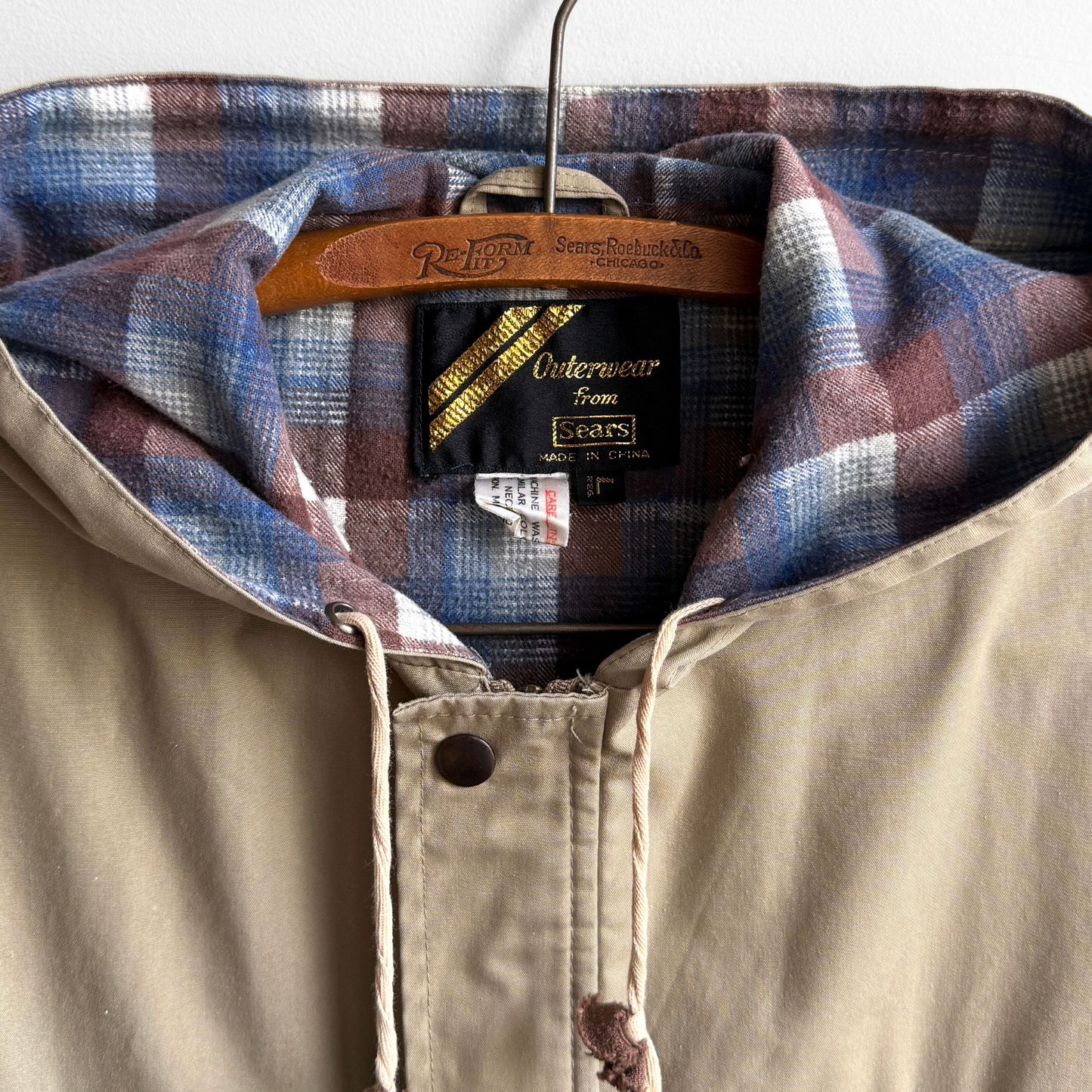 1970s Sears Beige Plaid Lined Hooded Light Jacket