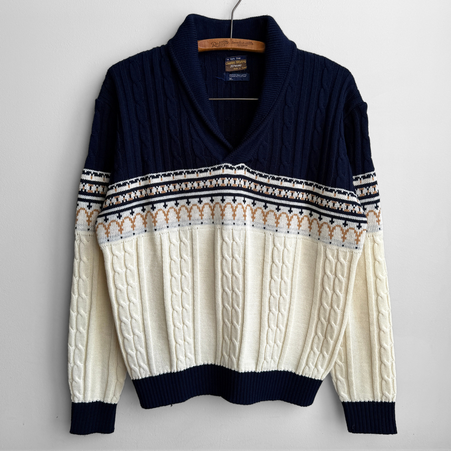 1970s Navy & White Cable Knit Shawl Collar Sweater
