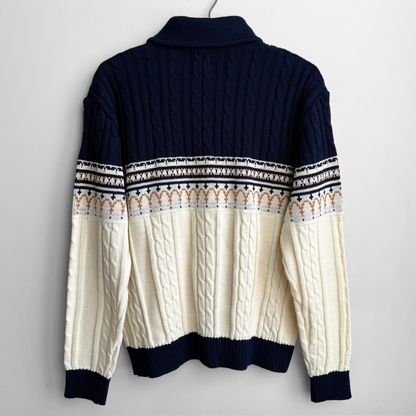 1970s Navy & White Cable Knit Shawl Collar Sweater