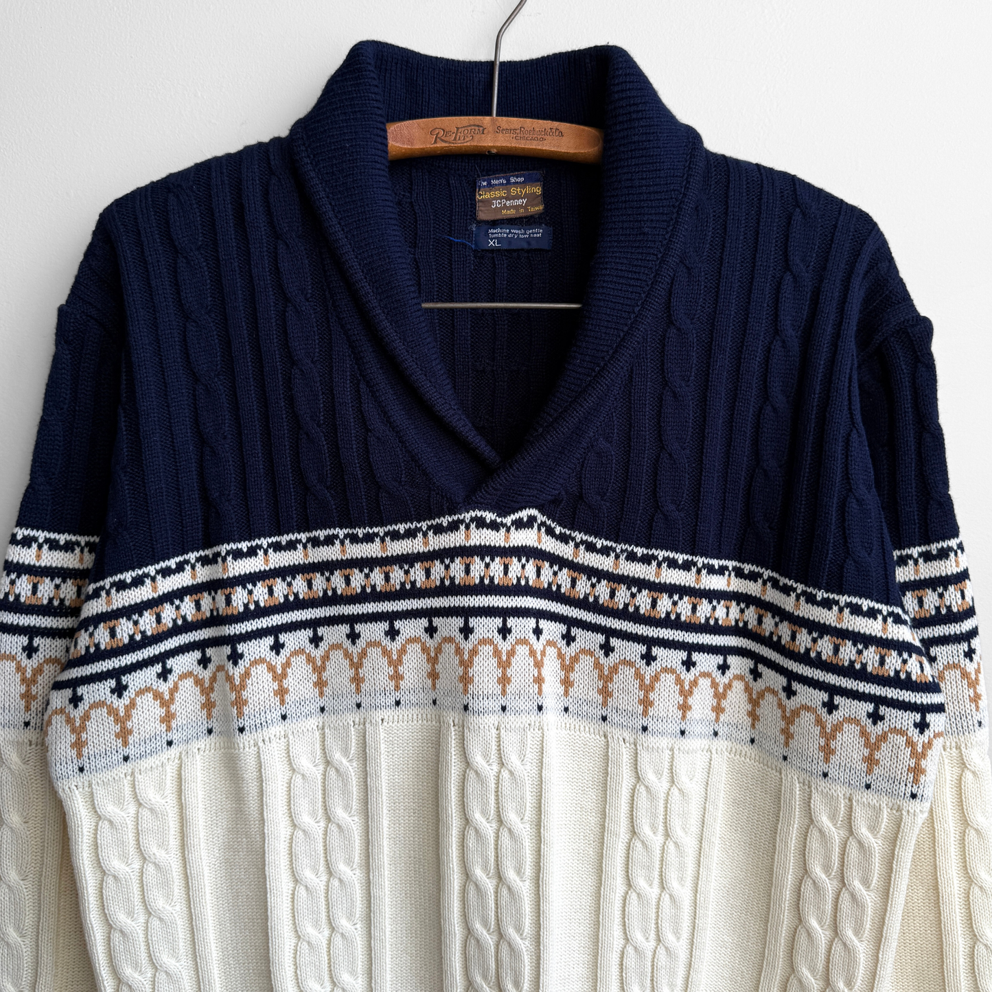 1970s Navy & White Cable Knit Shawl Collar Sweater