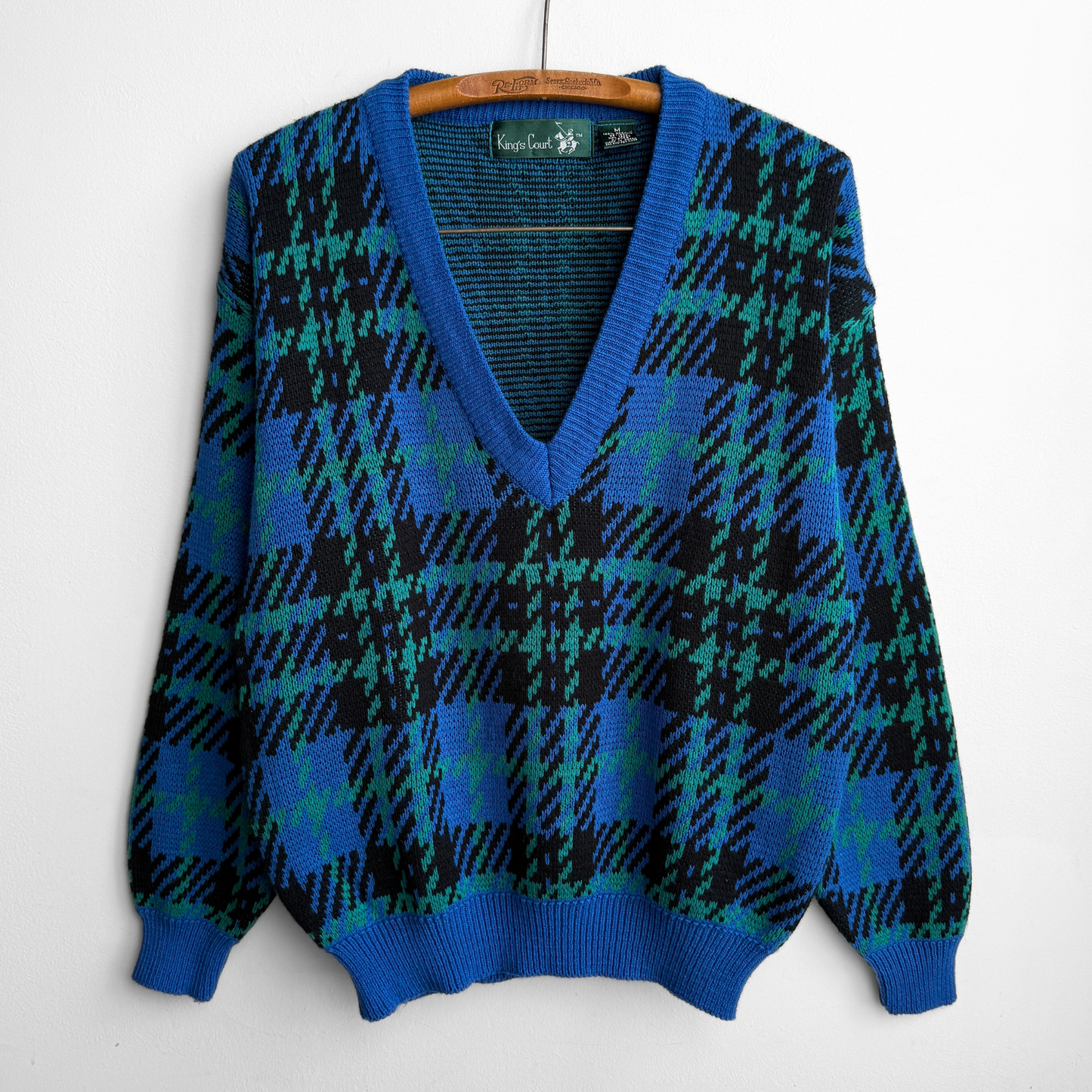 1970s Blue & Green Geometric Knit V-Neck Sweater