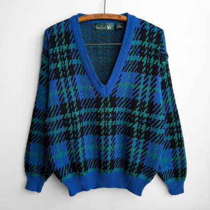 1970s Blue & Green Geometric Knit V-Neck Sweater
