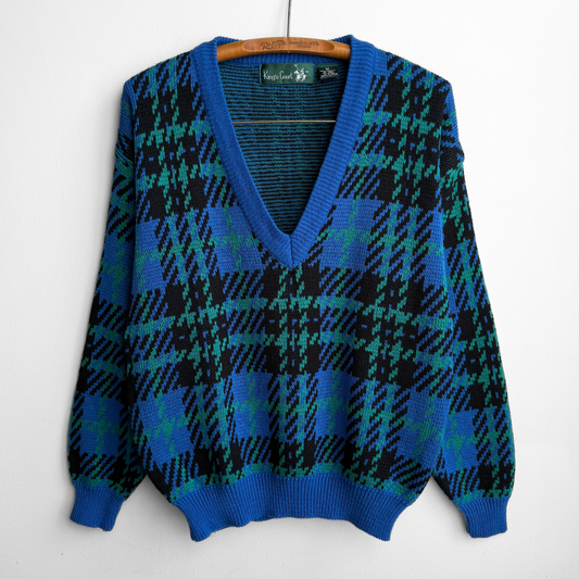 1970s Blue & Green Geometric Knit V-Neck Sweater