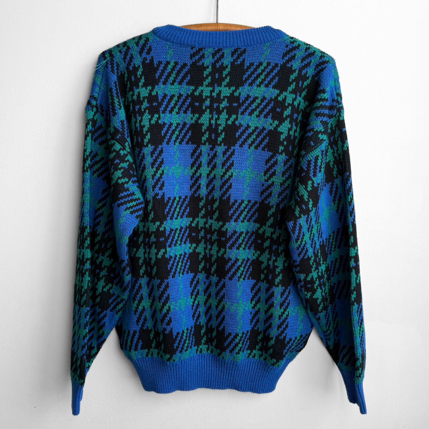1970s Blue & Green Geometric Knit V-Neck Sweater